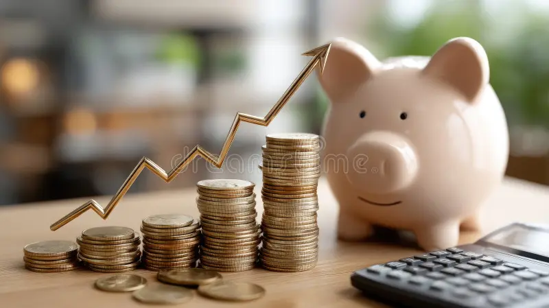 a canadian holding a piggy bank beside a rising savings chart