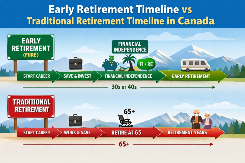 Retirement timeline visual early retirement timeline versus traditional retirement timeline in Canada