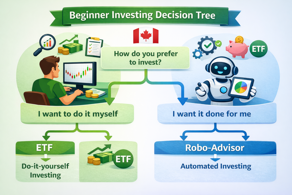 Beginner investing decision tree choosing between ETF and robo advisor in Canada