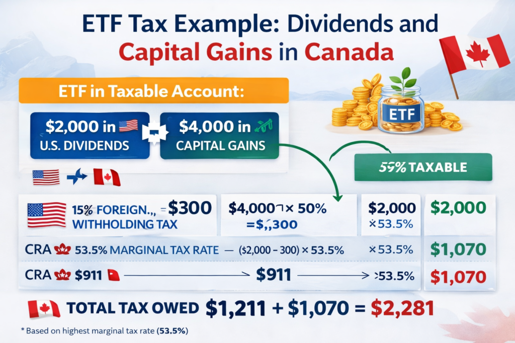 ETF tax example showing dividends and capital gains taxation in Canada