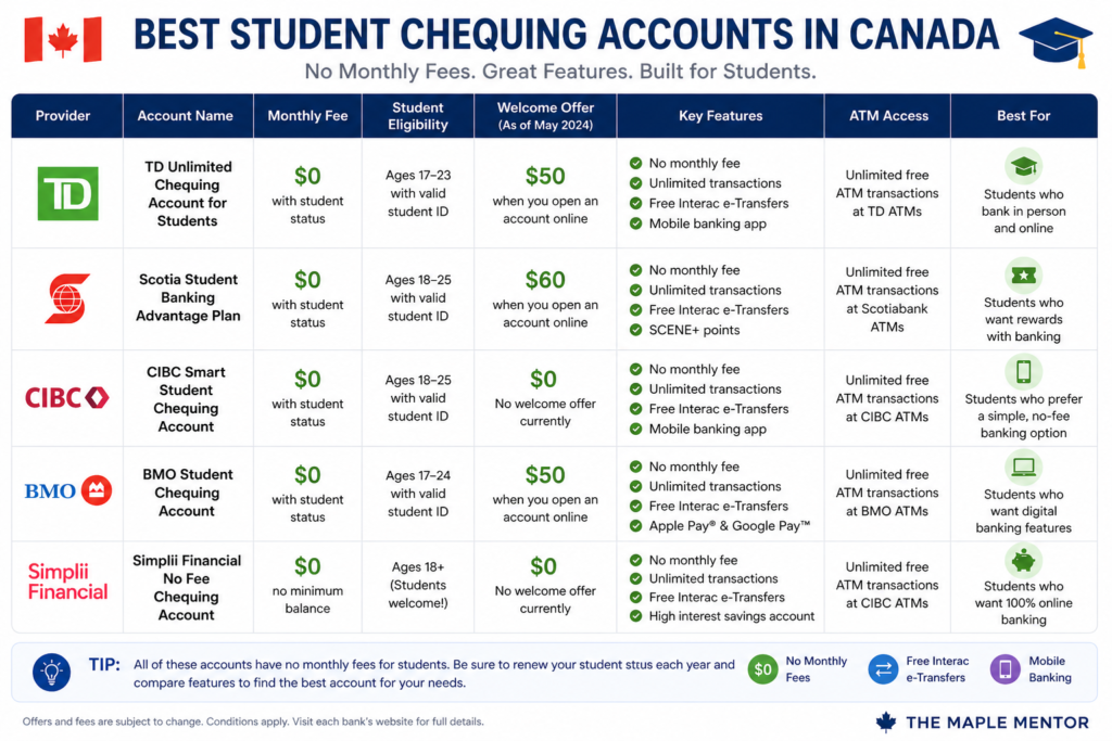 best student chequing accounts in Canada comparison