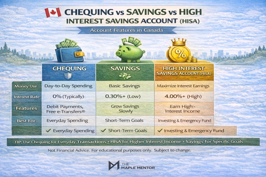 Chequing vs savings vs HISA graphic chequing vs savings vs high interest savings account Canada