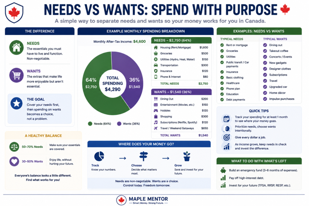 Needs vs wants spending chart separating needs and wants in a Canadian budget