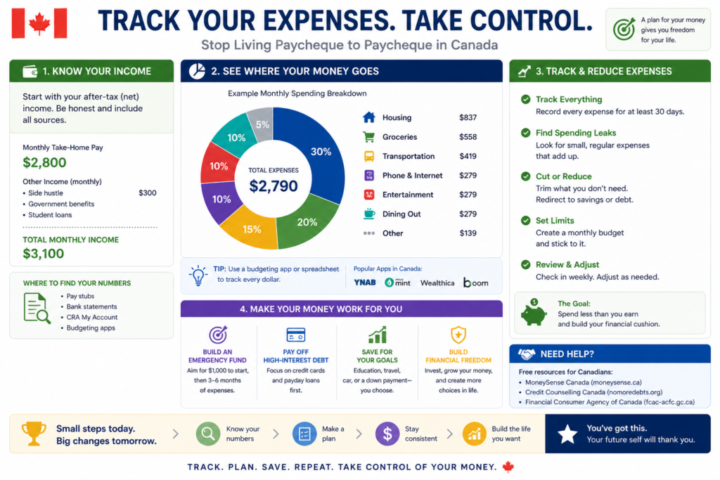 tracking expenses to stop living paycheck to paycheck Canada