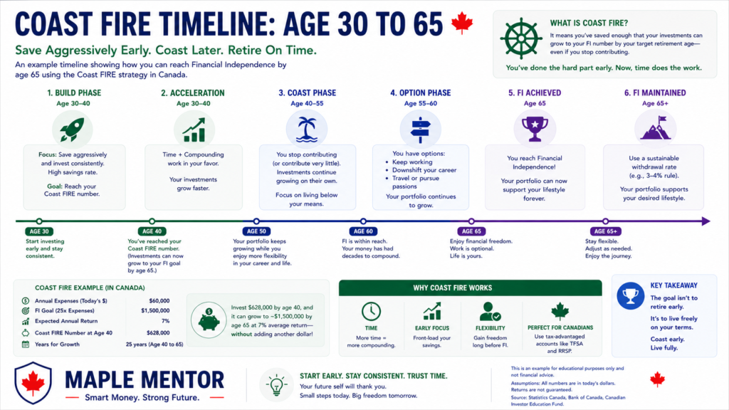 Coast FIRE timeline from age 30 to 65 Coast FIRE in Canada timeline example