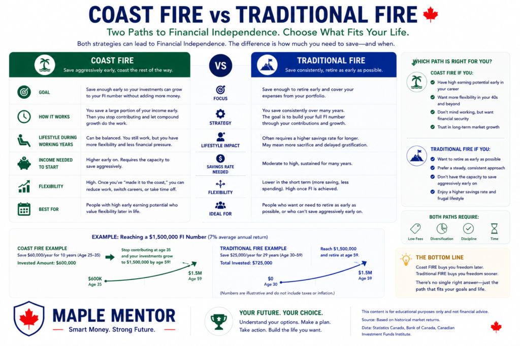 Coast FIRE vs Traditional FIRE comparison chart Coast FIRE versus traditional FIRE Canada