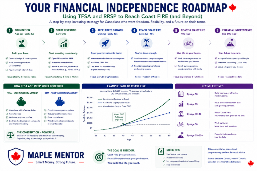 Financial independence roadmap with TFSA and RRSP Coast FIRE investing strategy using TFSA and RRSP Canada