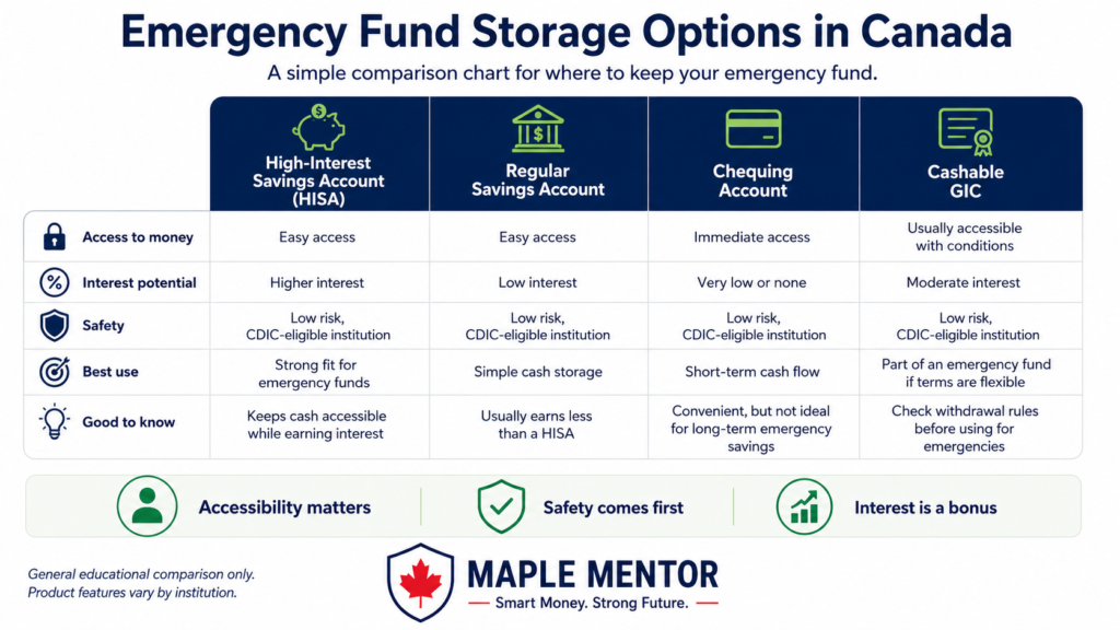 Emergency Fund Storage Options in Canada where to keep your emergency fund in Canada comparison chart