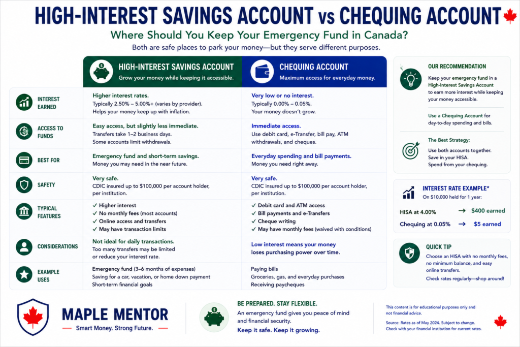 High-Interest Savings Account vs Chequing Account HISA versus chequing account for emergency savings Canada