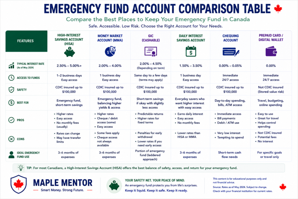 Emergency Fund Account Comparison Table emergency fund account options for Canadians