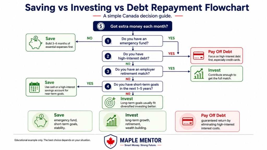 Saving vs Investing vs Debt Repayment Flowchart saving investing or paying off debt in Canada decision flowchart