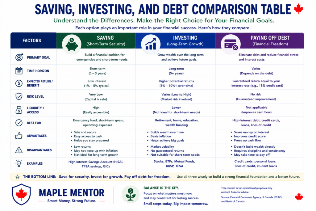 Saving Investing and Debt Comparison Table comparison between saving investing and paying off debt in Canada