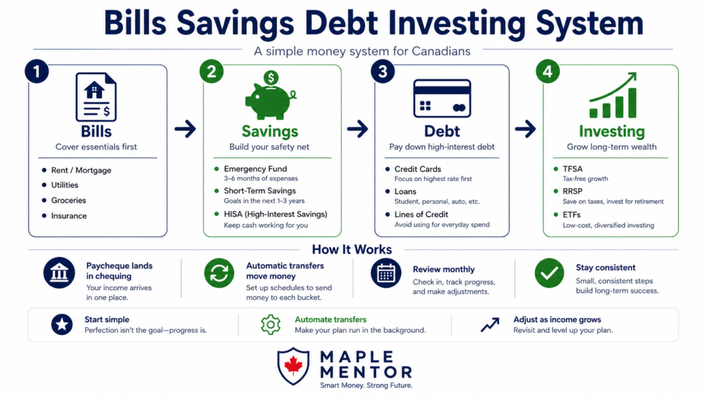 Bills Savings Debt Investing System money system Canada bills savings debt investing infographic