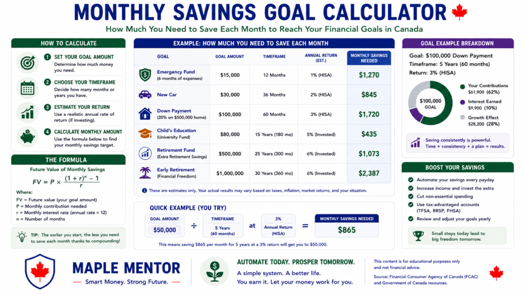 Monthly Savings Goal Calculator financial goals Canada monthly contribution example