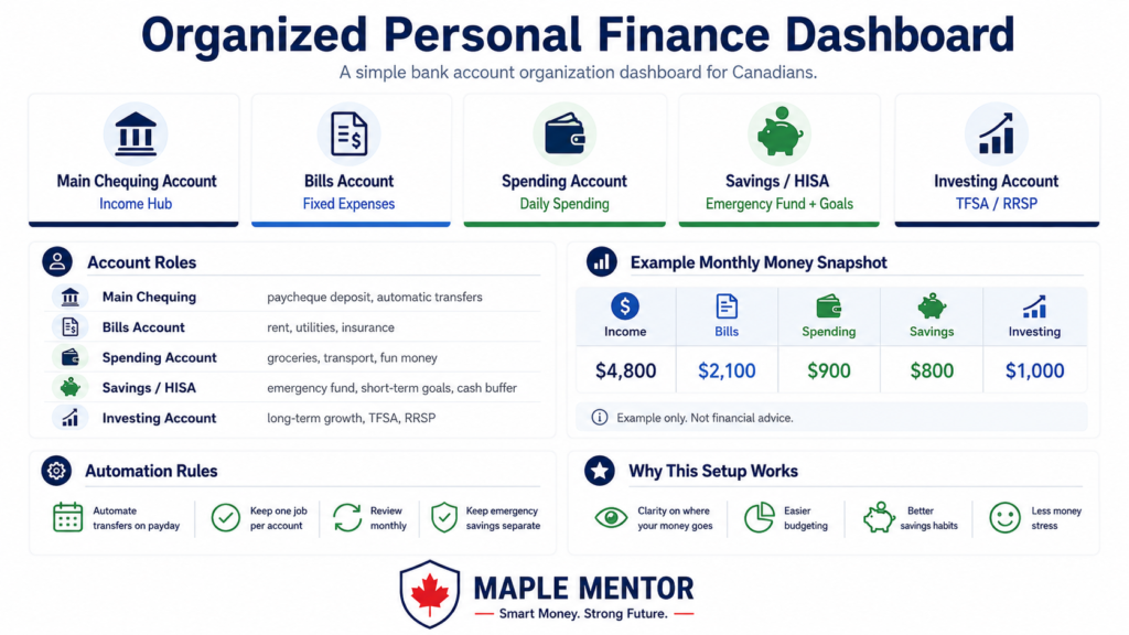 Organized Personal Finance Dashboard organize bank accounts Canada infographic
