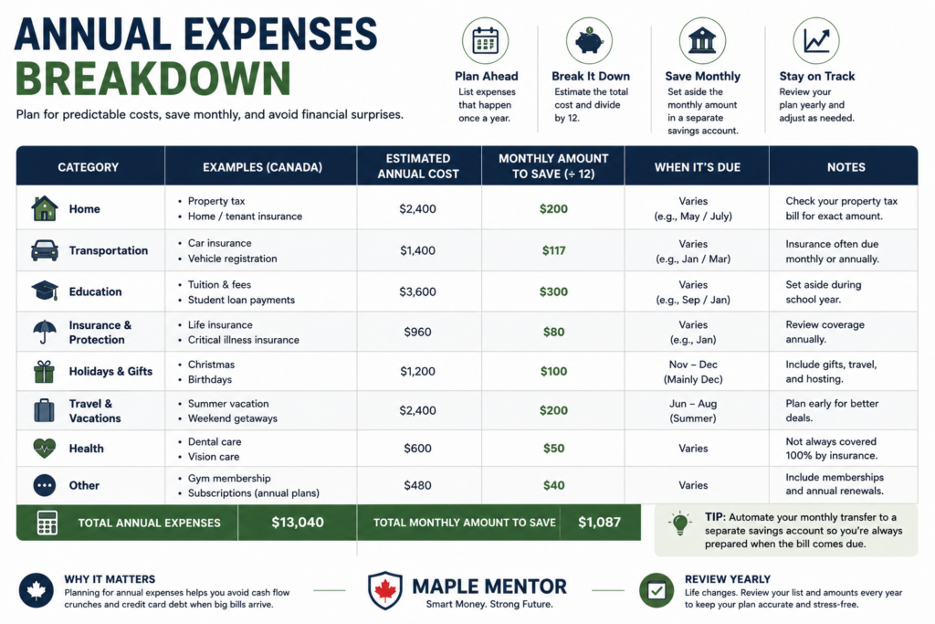 plan for annual expenses in Canada budgeting table
