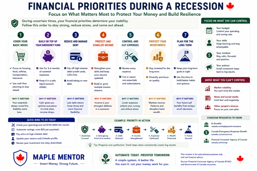 Financial Priorities During a Recession prepare for a recession in Canada money priorities infographic