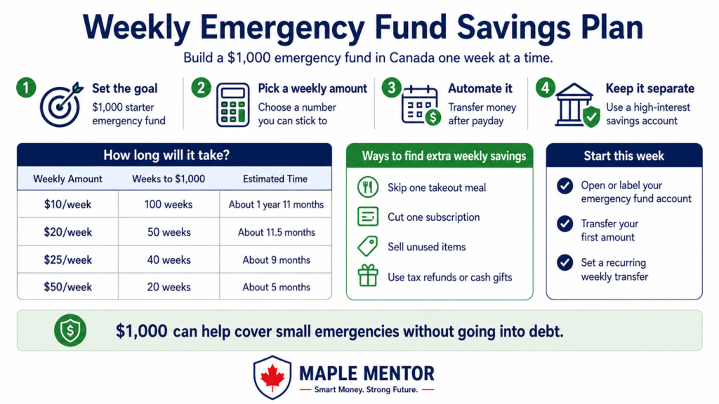 build a $1,000 emergency fund in Canada weekly savings plan