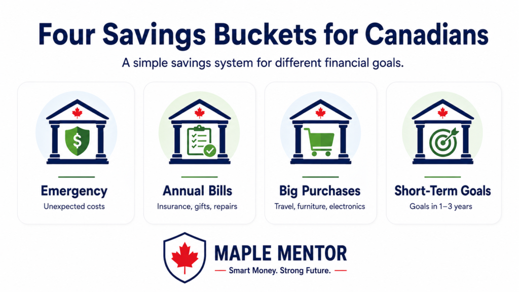 Four Savings Buckets for Canadians multiple savings accounts Canada emergency fund annual expenses and goals