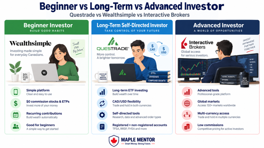 beginner vs long term vs advanced investor Questrade vs Wealthsimple vs Interactive Brokers investor types