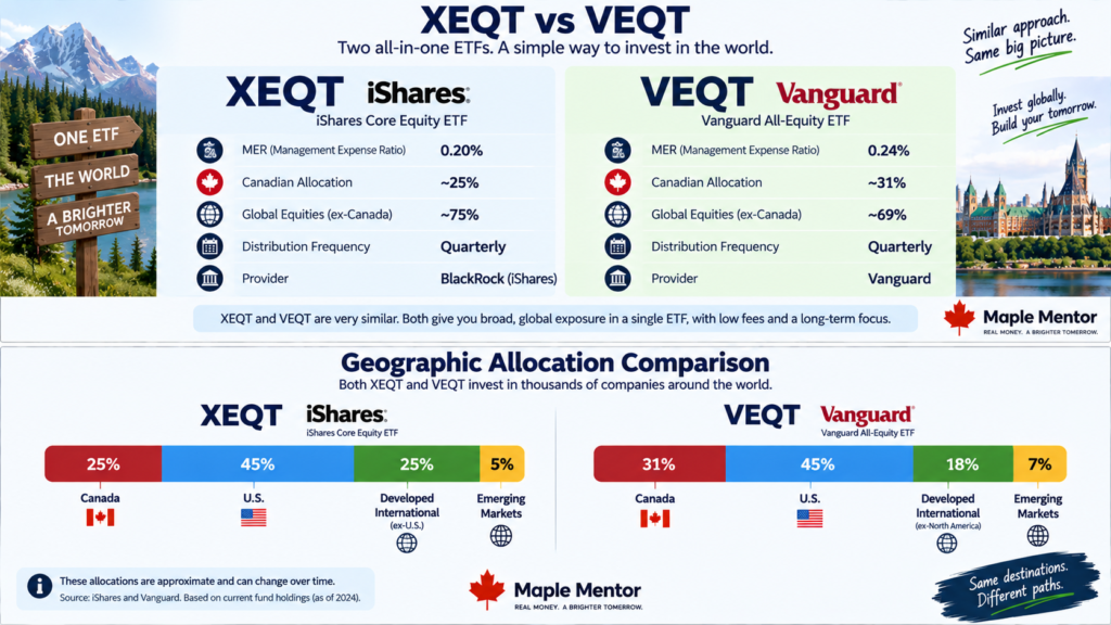 XEQT vs VEQT geographic allocation Canada US international