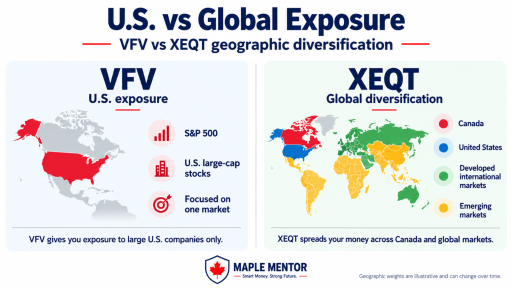 u.s. vs global exposure VFV vs XEQT geographic diversification