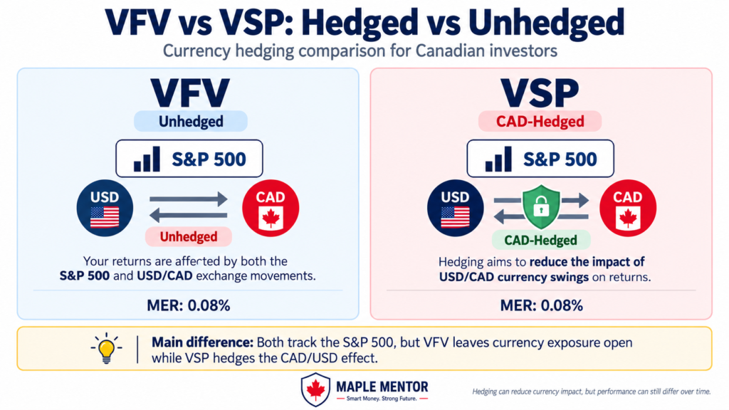 vfv vs vsp hedged vs unhedged VFV vs VSP currency hedging comparison Canada